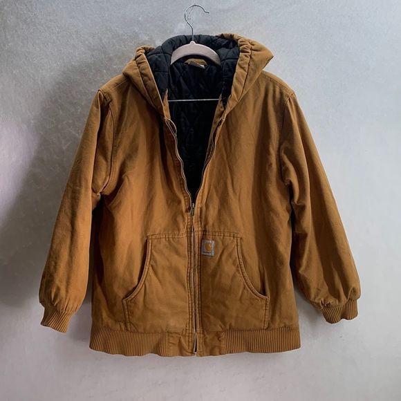 Carhartt Other - Carhartt Brown Quilt Lined Hooded Canvas Jacket Boys Size Large 14-16 Pockets